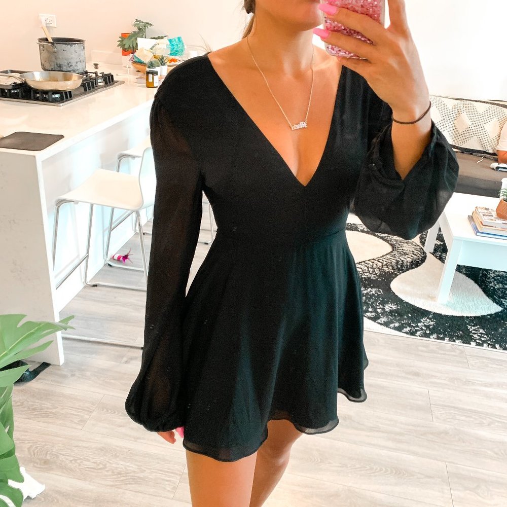 Privacy Please Black Long Sleeve V Neck Mini Dress